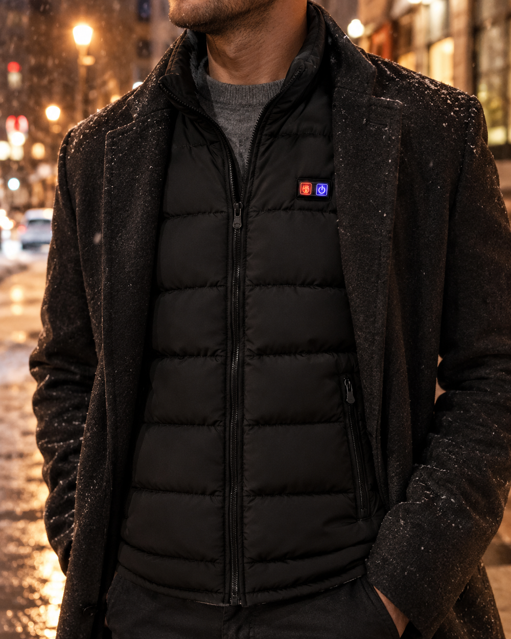 Gilet chauffant KOVAAH porté sous un manteau en ville, l'hiver
