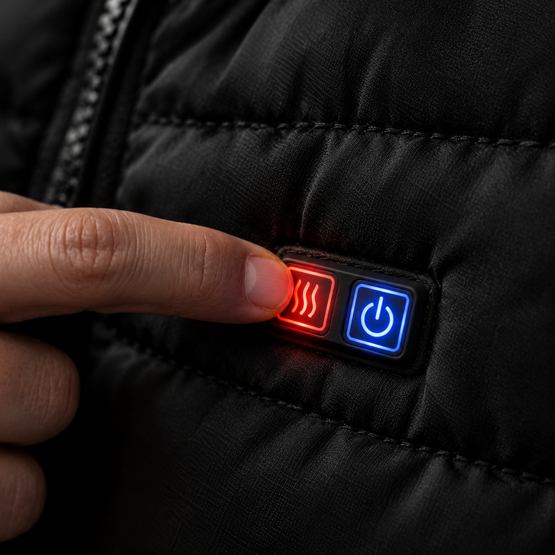 Le bouton de réglage de la chaleur sur la poitrine du gilet