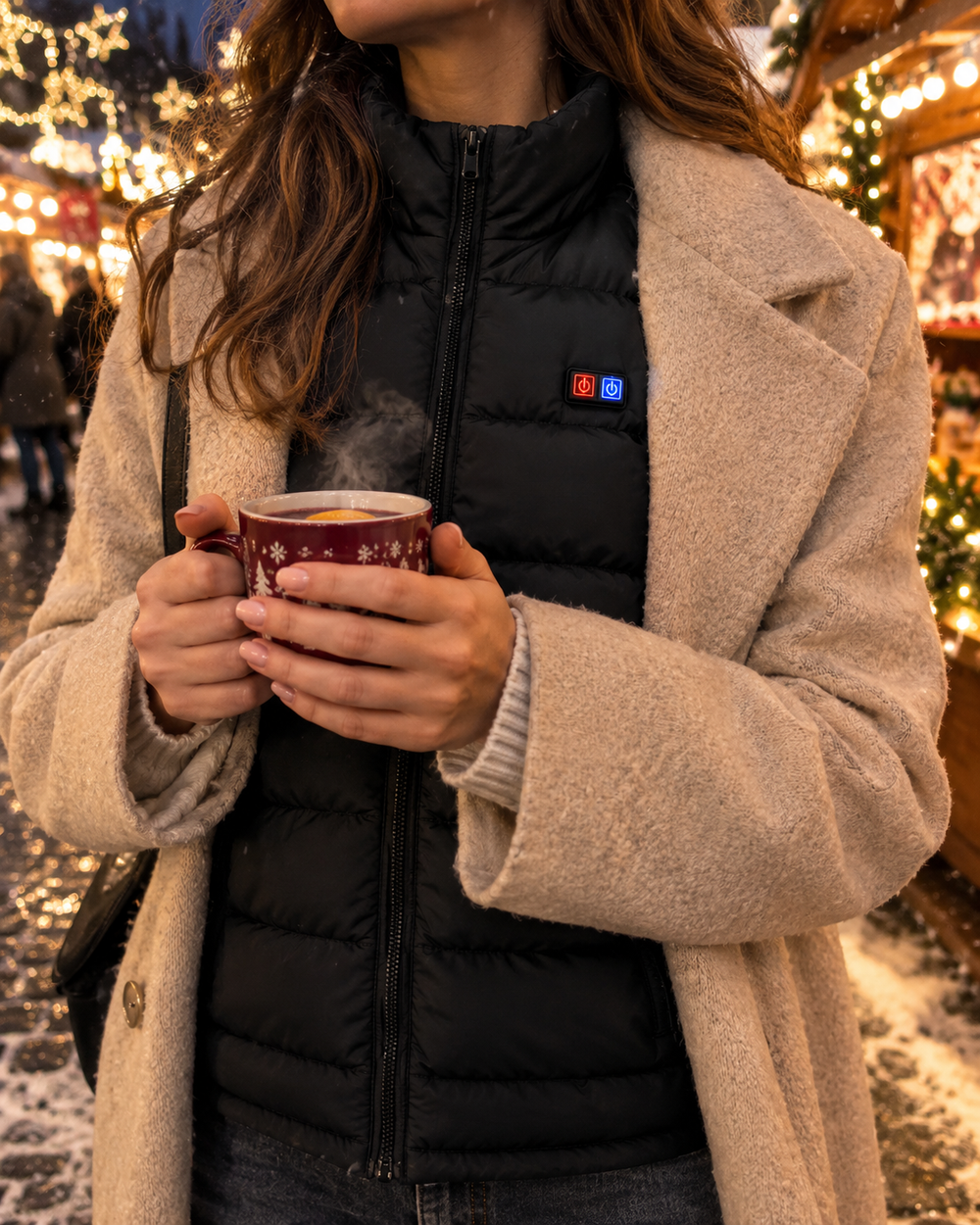 Femme portant le gilet chauffant KOVAAH au marché de Noël
